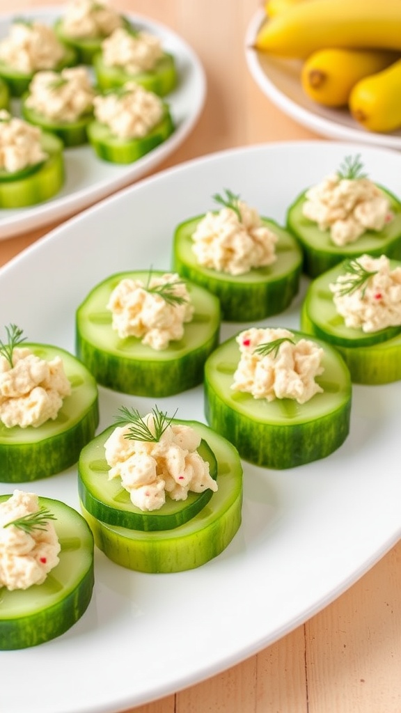Cucumber slices topped with tuna salad on a serving platter, garnished with dill.